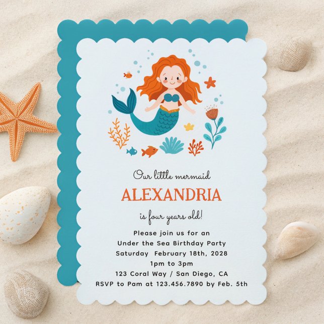 Cute Redhead Mermaid Kids Girl Birthday Party Invitation (Creator Uploaded)