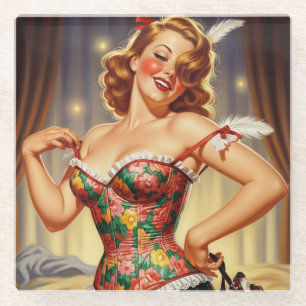 Cute Redhead pin-up girl with dog Glass Coaster