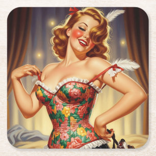 Cute Redhead pin-up girl with dog Square Paper Coaster