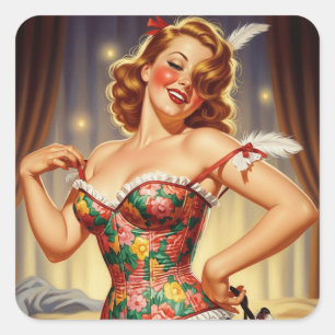 Cute Redhead pin-up girl with dog Square Sticker