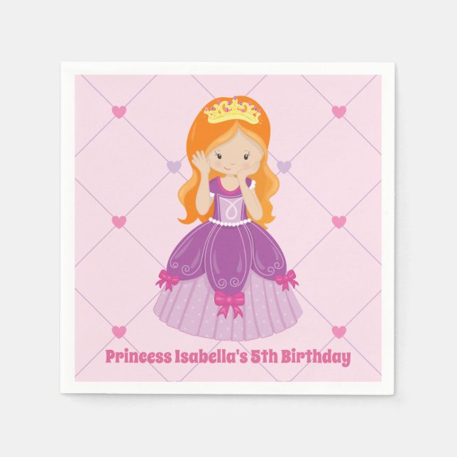 Cute Redhead Princess Pink Kids Birthday Party Napkin (Front)