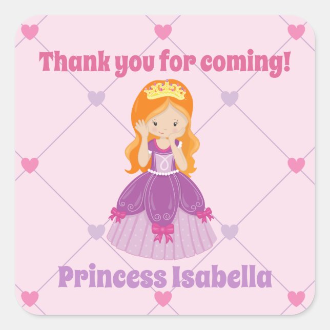 Cute Redhead Princess Pink Kids Birthday Party Square Sticker (Front)