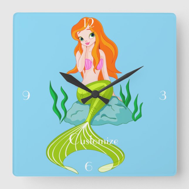 Cute Redheaded Mermaid Thunder_Cove Square Wall Clock (Front)