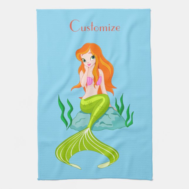 Cute Redheaded Mermaid Thunder_Cove Tea Towel (Vertical)