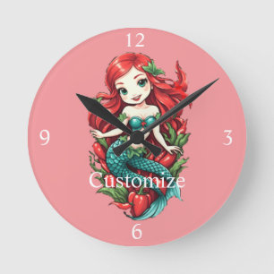 Cute Redheaded Two-tail Mermaid Thunder_Cove Round Clock