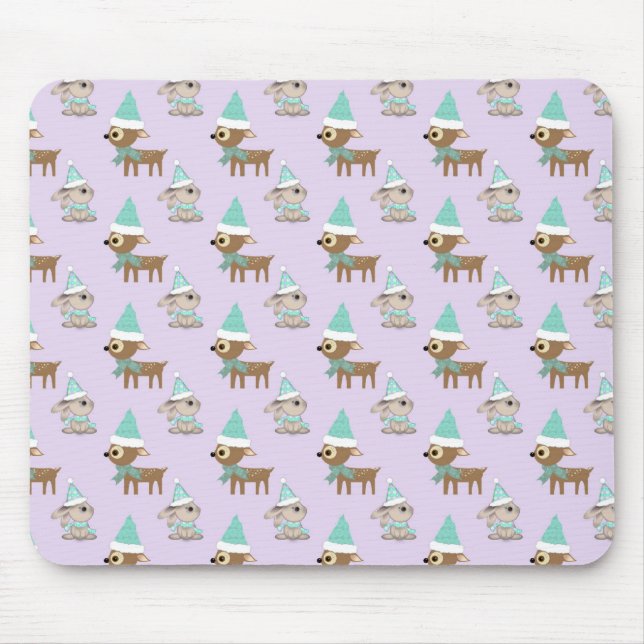 Cute Reindeer and Bunnies Holiday Art Pattern Mouse Mat (Front)