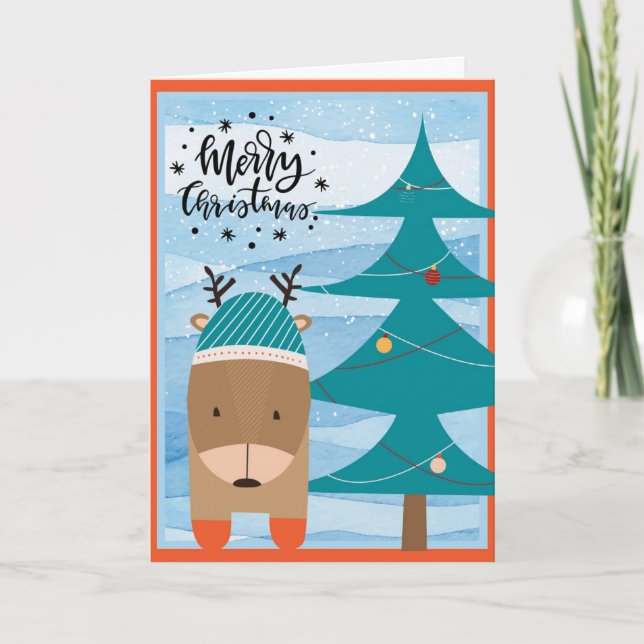 Cute Reindeer and Christmas Tree Holiday Card (Front)