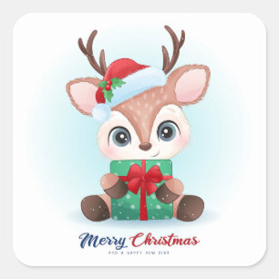 Cute Reindeer and Presents Merry Christmas  Square Sticker