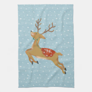 Cute Reindeer and Snowfall Tea Towel