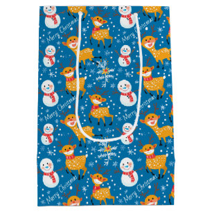 Cute Reindeer and Snowman Blue Medium Gift Bag
