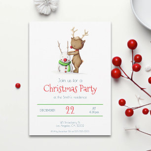 Cute Reindeer and Snowman Christmas Holiday Invitation