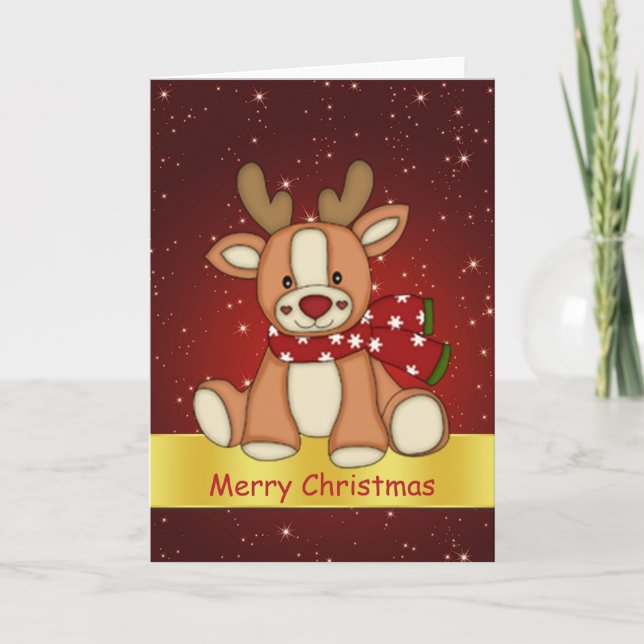 Cute reindeer and twinkling stars Christmas Holiday Card (Front)