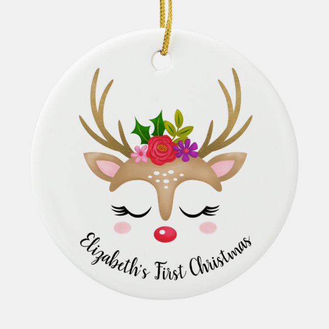 Cute Reindeer Babys First Christmas Ceramic Tree Decoration (Front)
