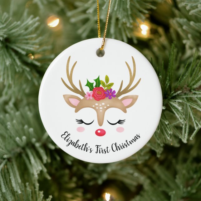 Cute Reindeer Babys First Christmas Photo Ceramic Tree Decoration (Tree)