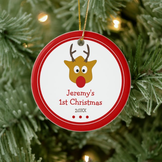 Cute Reindeer Baby's First Christmas Photo Ceramic Tree Decoration (Tree)