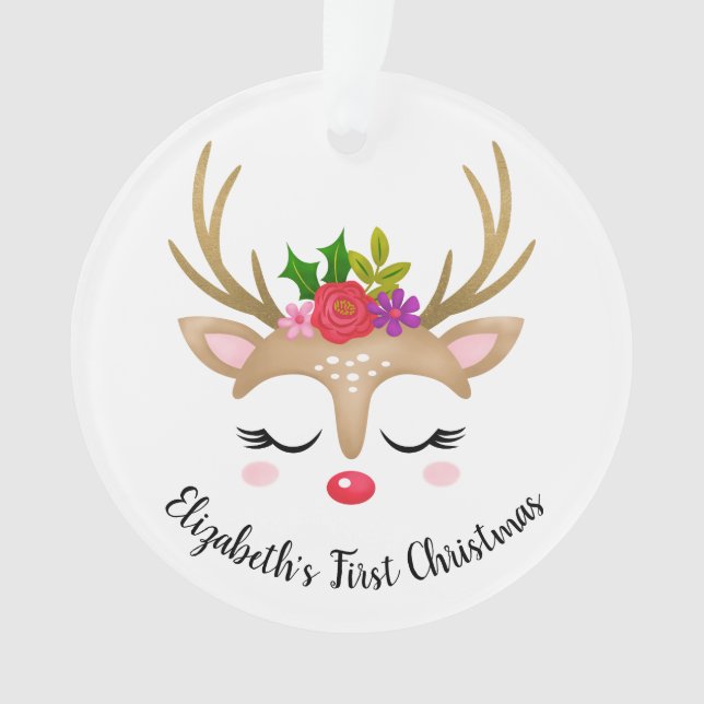 Cute Reindeer Babys First Christmas Photo Ornament (Front)