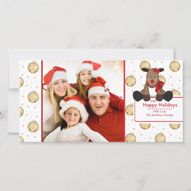 CUTE Reindeer Bells Christmas Family Photo Card (Front)