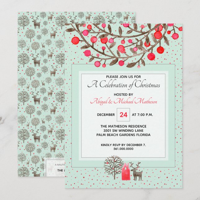 Cute #Reindeer & Berries Green or Custom Colour Invitation (Front/Back)