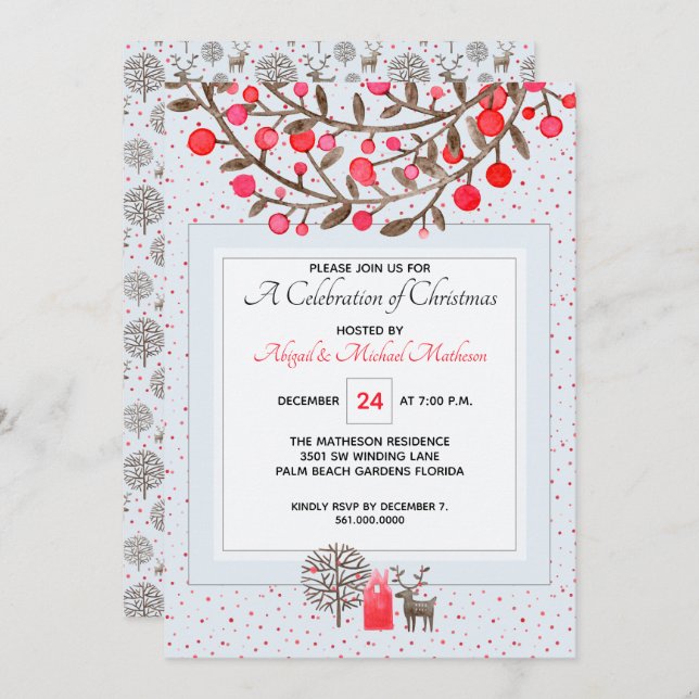 Cute #Reindeer & Berries Pastel Blue Custom Colour Invitation (Front/Back)