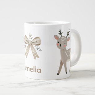 Cute Reindeer & Bow Drawing Christmas Name Large Coffee Mug