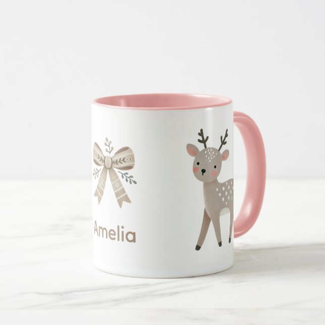 Cute Reindeer & Bow Drawing Christmas Name Mug (Front Right)