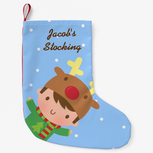 Cute Reindeer Boy Christmas For Kids Small Christmas Stocking (Front)