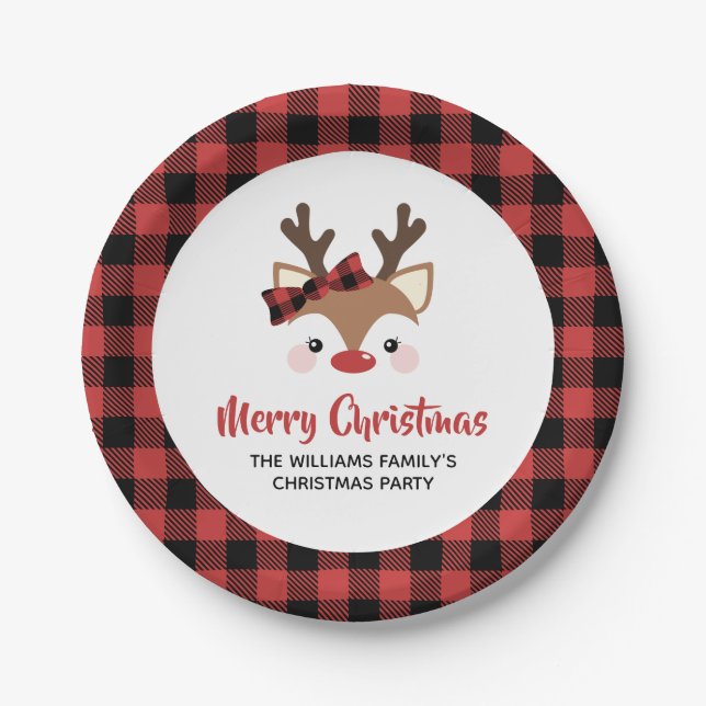 Cute Reindeer Buffalo Bow Red Merry Christmas Paper Plate (Front)