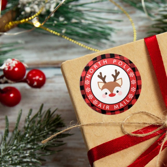 Cute Reindeer Buffalo Check North Pole Air Mail Classic Round Sticker (Creator Uploaded)
