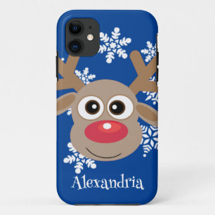 Cute Reindeer Cartoon Christmas Fun Blue iPhone 11 Case
