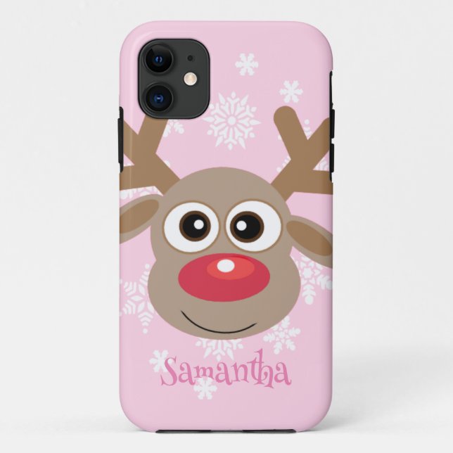 Cute Reindeer Cartoon Christmas Fun Girly Pink Case-Mate iPhone Case (Back)