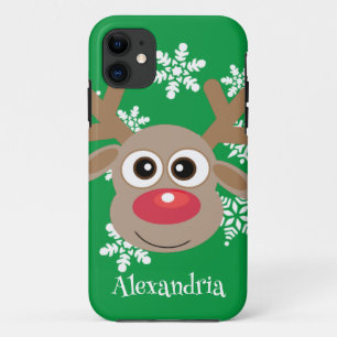 Cute Reindeer Cartoon Christmas Fun Green iPhone 11 Case