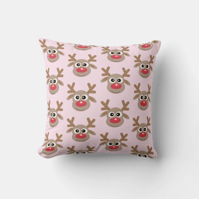 Cute Reindeer Cartoon Christmas Pattern Girly Pink Cushion (Front)