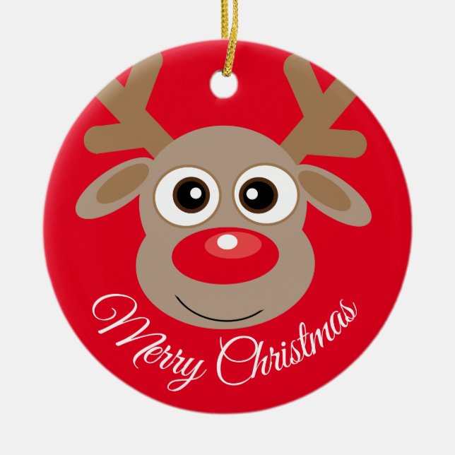 Cute Reindeer Cartoon Christmas Red Ceramic Tree Decoration (Front)