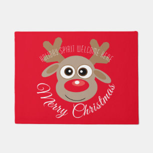 Cute Reindeer Cartoon Christmas Red Script Doormat