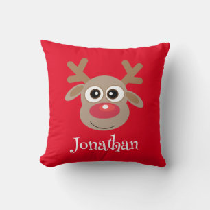 Cute Reindeer Cartoon Name Red Christmas Cushion