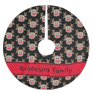 Cute Reindeer Cartoon Pattern Red Black Brushed Polyester Tree Skirt