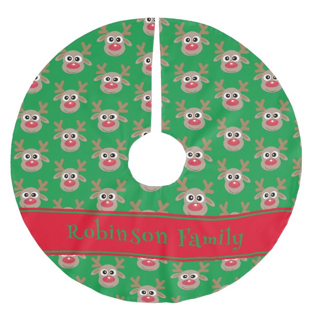 Cute Reindeer Cartoon Pattern Red Green Brushed Polyester Tree Skirt (Front)