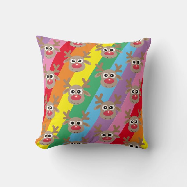 Cute Reindeer Cartoon Rainbow Christmas Pattern Cushion (Front)