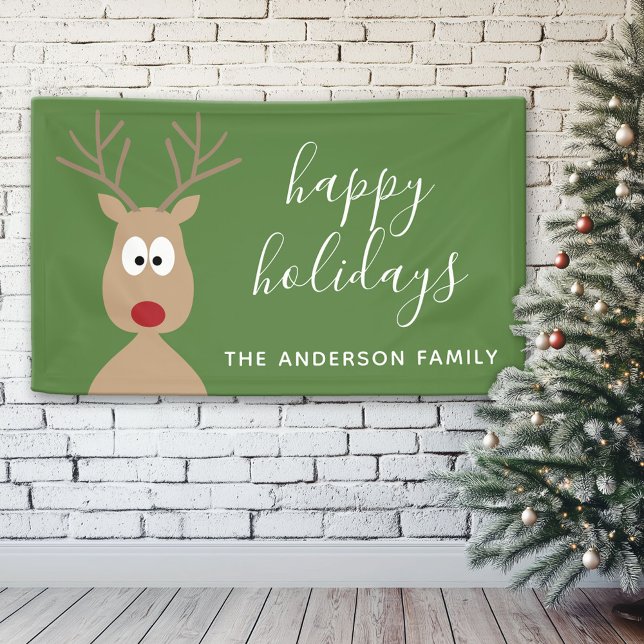 Cute Reindeer Cartoon with Family Greeting green Banner (Custom Christmas Holiday Banner)