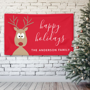 Cute Reindeer Cartoon with Family Greeting red Banner
