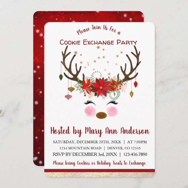 Cute Reindeer Christmas Cookie Exchange Party Invitation (Front/Back)