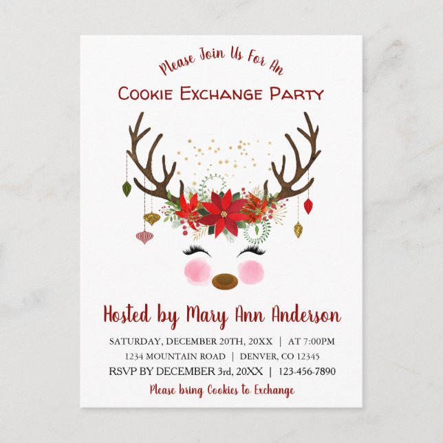 Cute Reindeer Christmas Cookie Exchange Party Postcard (Front)