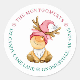 Cute Reindeer Christmas Gnome Return Address Classic Round Sticker