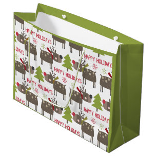 Cute Reindeer Christmas Happy Holidays Rustic  Large Gift Bag