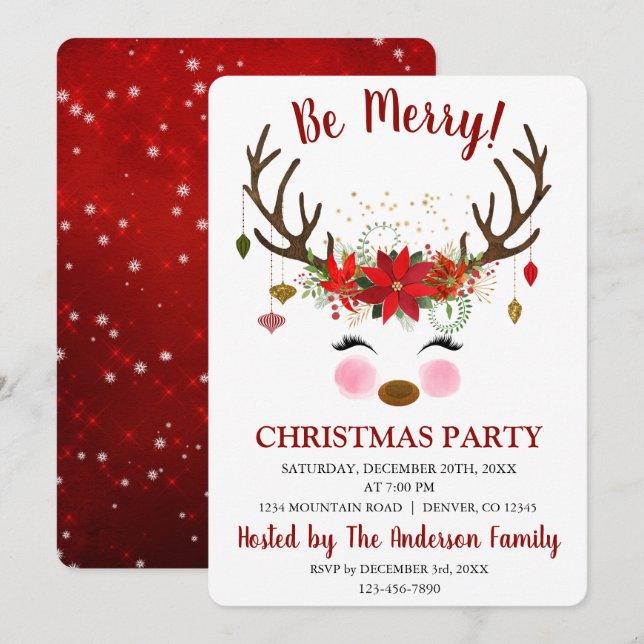 Cute Reindeer Christmas Holiday Dinner Party Invitation (Front/Back)