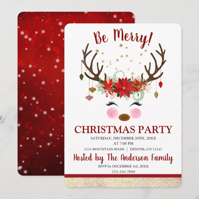 Cute Reindeer Christmas Holiday Dinner Party Invitation (Front/Back)