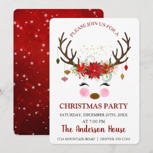 Cute Reindeer Christmas Holiday Dinner Party Invitation