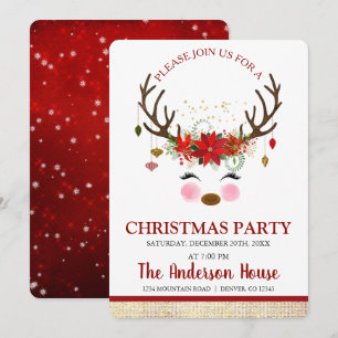 Cute Reindeer Christmas Holiday Dinner Party Invitation