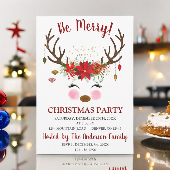 Cute Reindeer Christmas Holiday Dinner Party Invitation (Creator Uploaded)