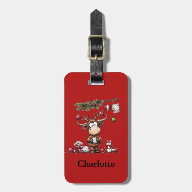 Cute Reindeer Christmas Holiday Red Luggage ID Tag (Front Vertical)